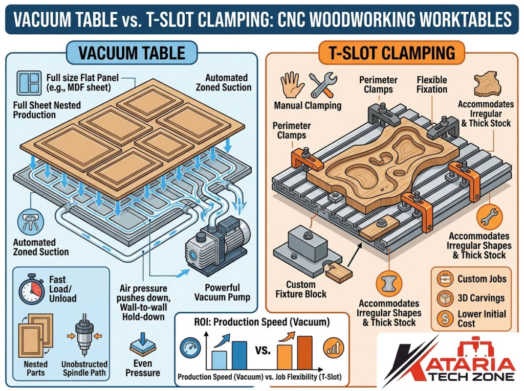 Vacuum Table vs. T-Slot Clamping for CNC Woodworking: Pros, Cons, & ROI