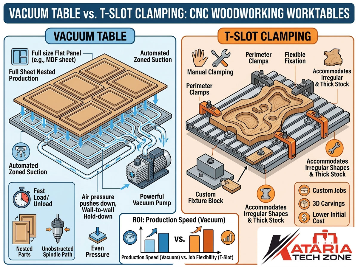 Vacuum Table vs. T-Slot Clamping for CNC Woodworking: Pros, Cons, & ROI